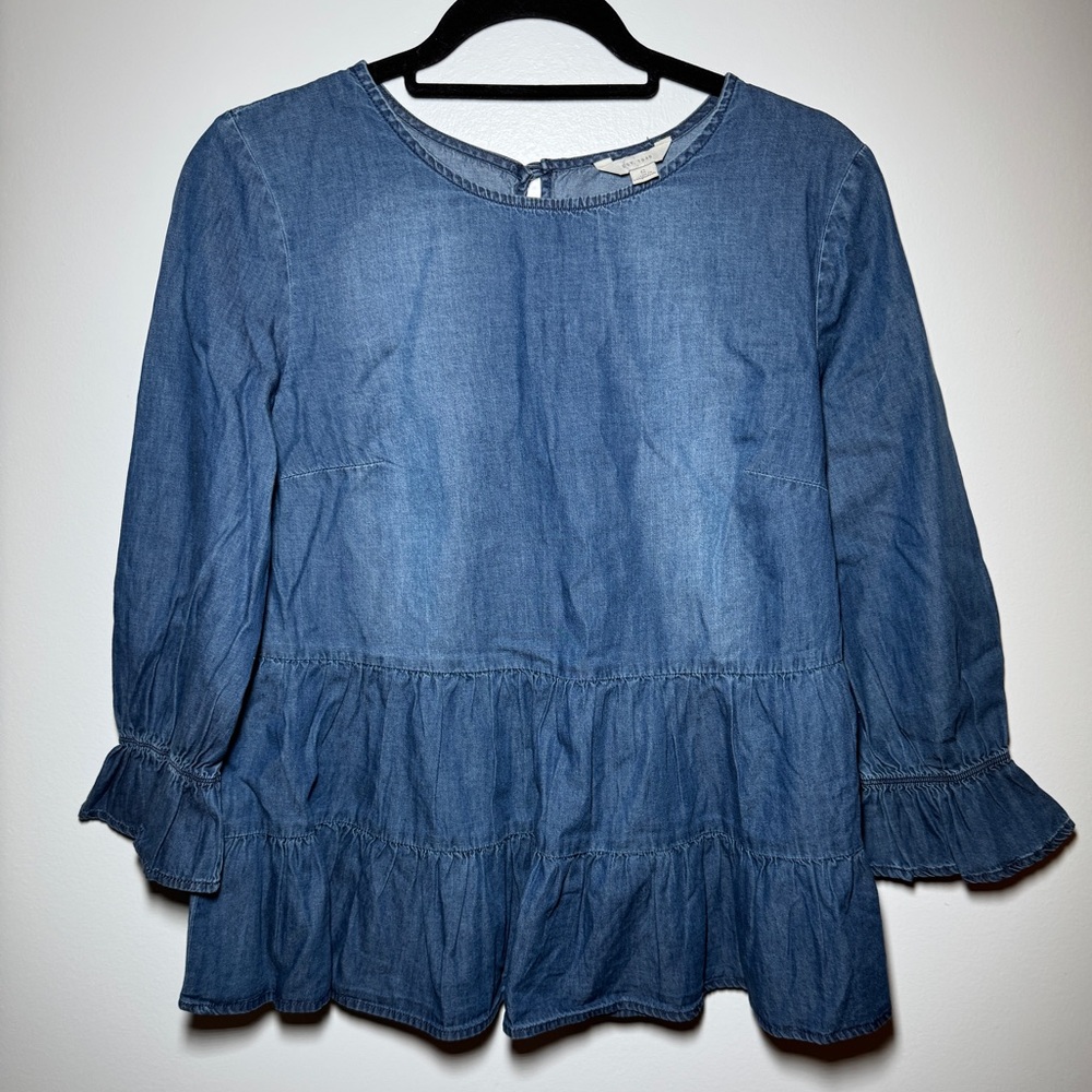 Blue Denim Ruffle Blouse